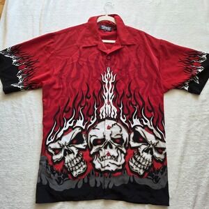 Vintage Dragonfly Mens XL Button Up Short  Sleeve Skull‎ Flames Fire Red Flaw